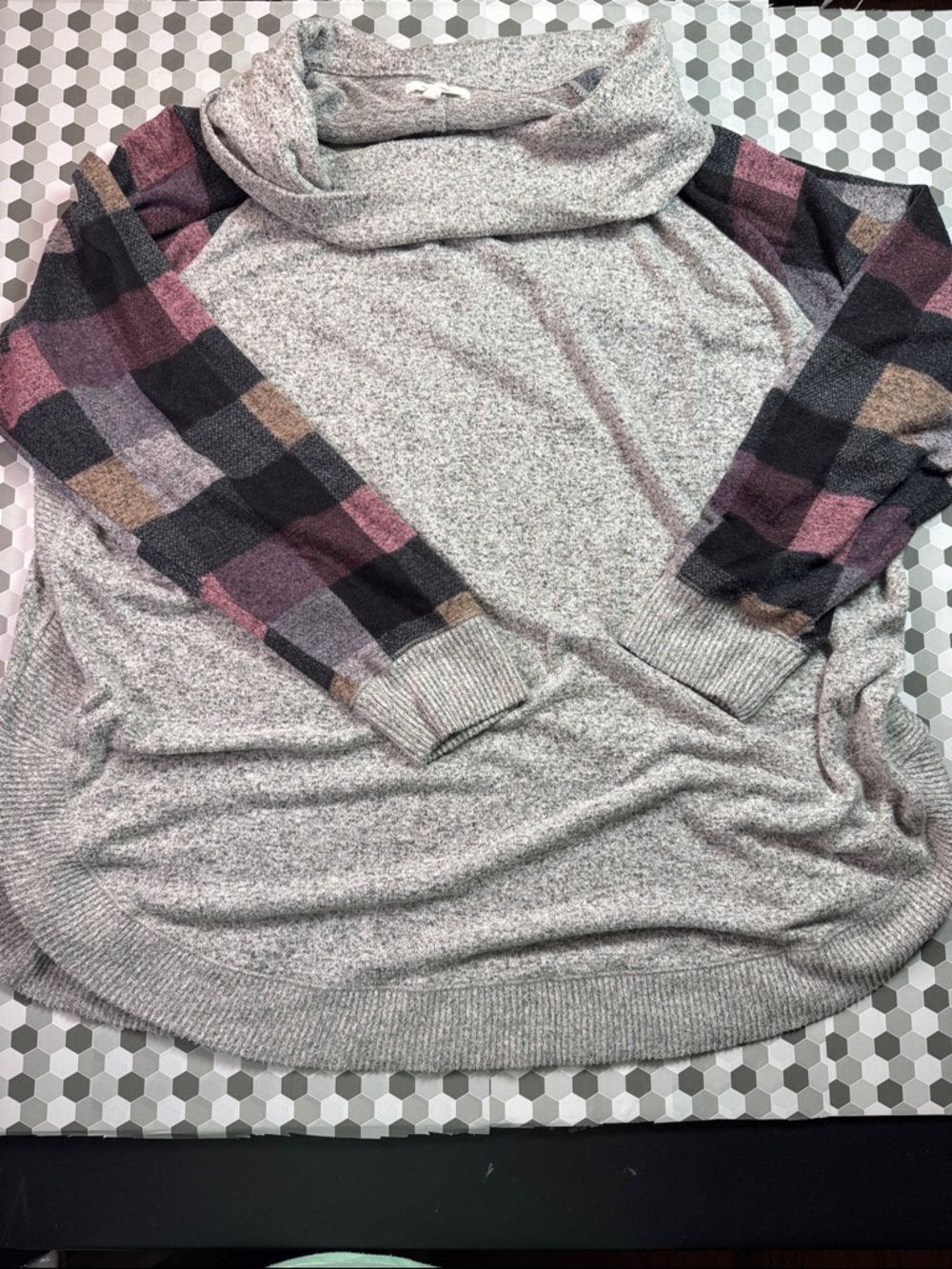 Maurices Light Gray Cowl Neck Sweater with Pink and Brown Plaid Sleeves